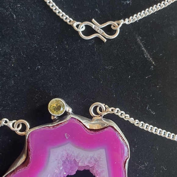 New Pink Agate Druzy & Citrine Silver Necklace. - Picture 7 of 16